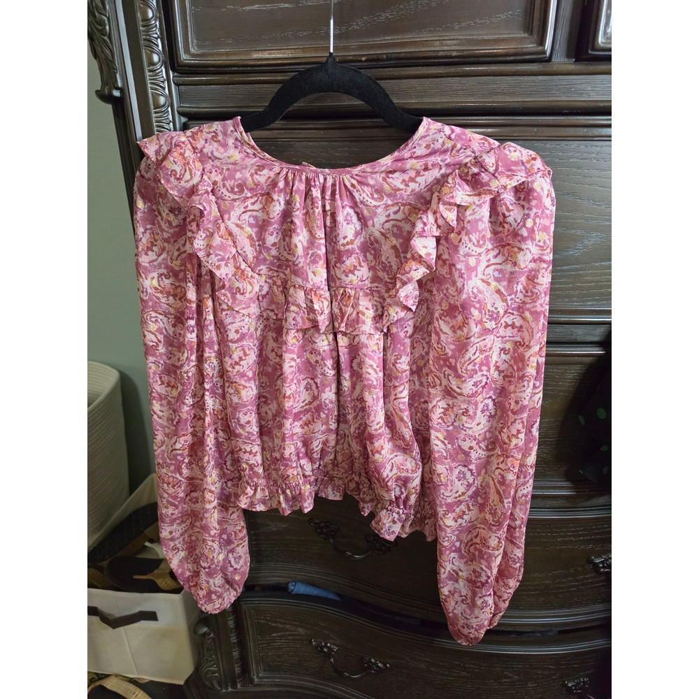 AQUA Pink Paisley Ruffle Long Sleeve Crop Top Gold Metallic Keyhole Back XS